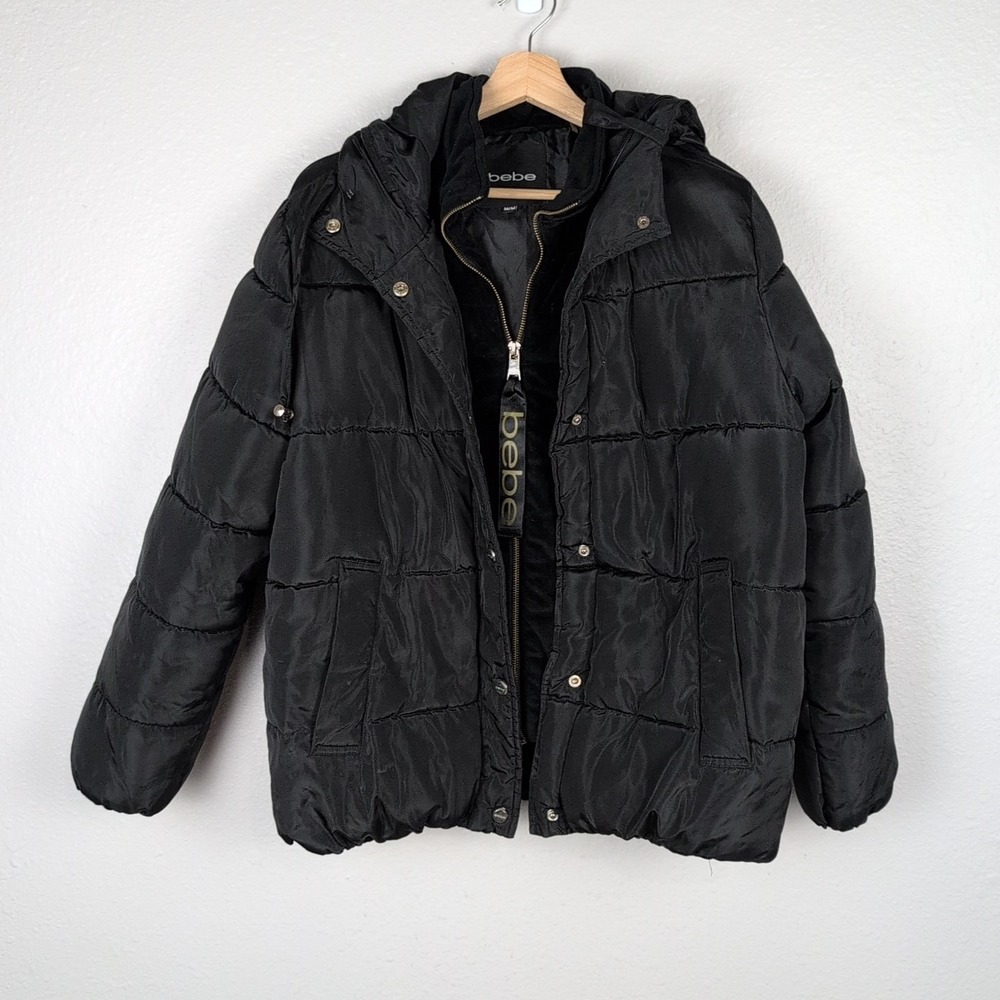 bebe Jacket Womens M Black Puffer Hooded Quilted Snap Zip Logo Patch Coat 195